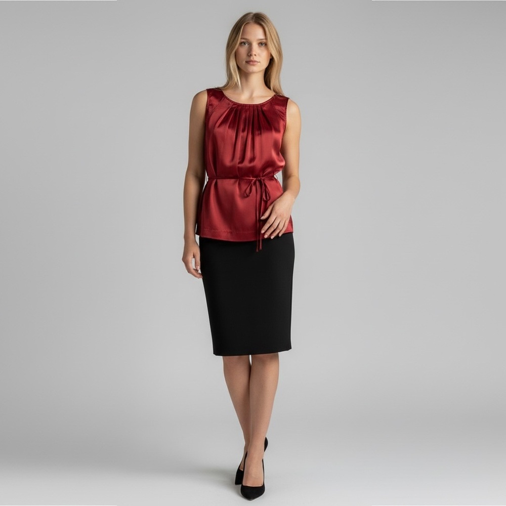 BCBGMaxAzria Vibrant Dark Orange Sleeveless Blouse with Pleats and Tie Waist